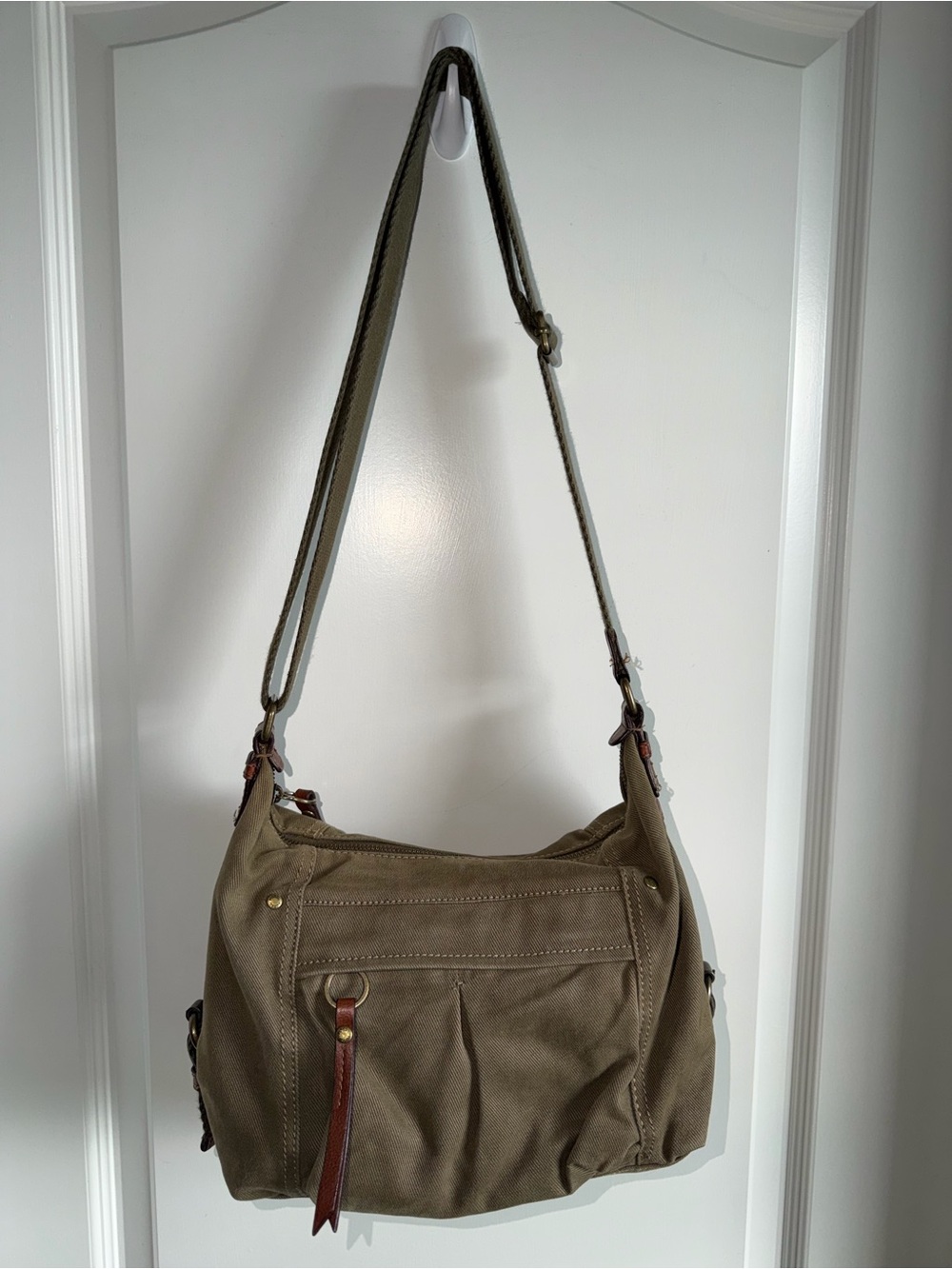 Vintage Fossil 1954 Canvas Shoulder Bag Y2K Olive Green Hobo Purse Leather Trim - Picture 6 of 9
